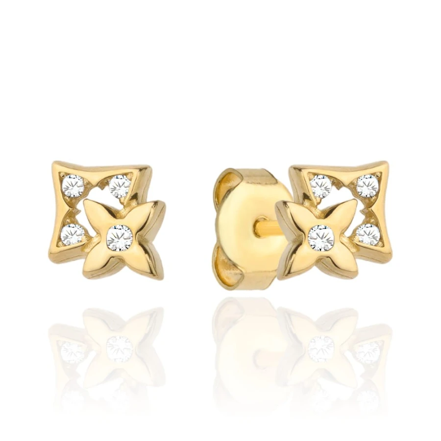 Kolczyki złoty kwiatuszek w kwadraciku z cyrkoniami