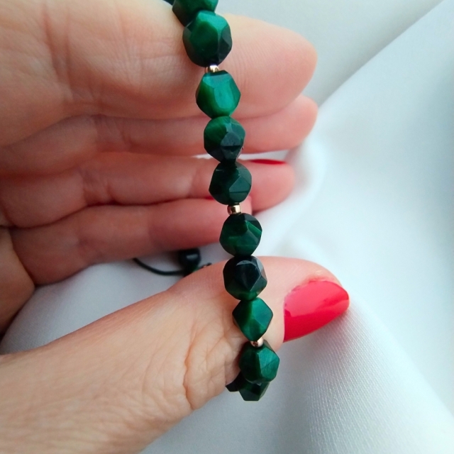 Bransoletka zielone tygrysie oko i złote kuleczki złoto próba 585