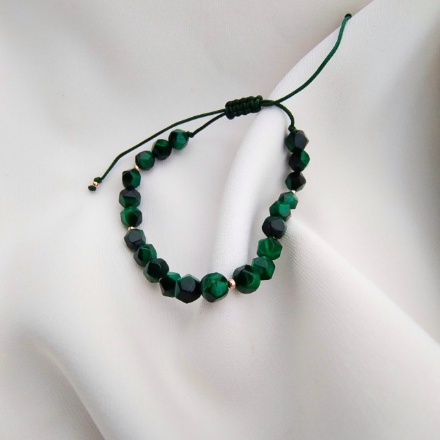 Bransoletka zielone tygrysie oko i złote kuleczki złoto próba 585