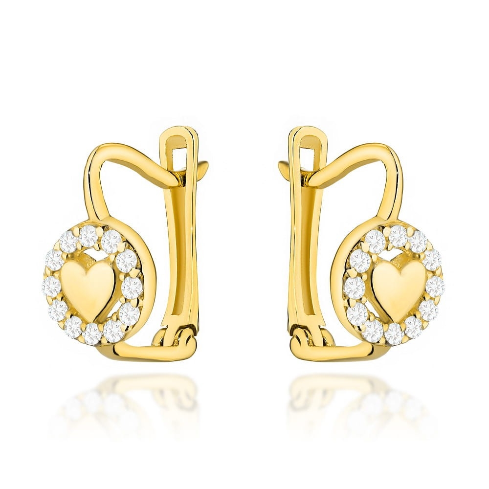 Kolczyki złote serduszko w oprawie cyrkonii na angielskim zapięciu