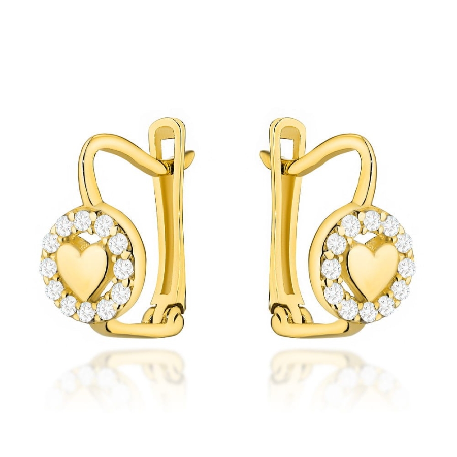 Kolczyki złote serduszko w oprawie cyrkonii na angielskim zapięciu