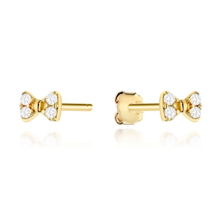 Kolczyki złote kokardki zdobione cyrkoniami na sztyfcie