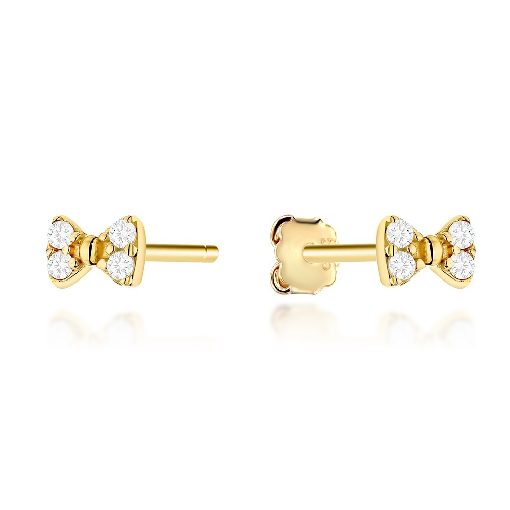 Kolczyki złote kokardki zdobione cyrkoniami na sztyfcie