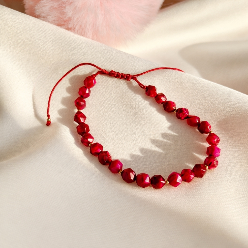 Bransoletka rubinowe tygrysie oko i złote kuleczki złoto próba 585