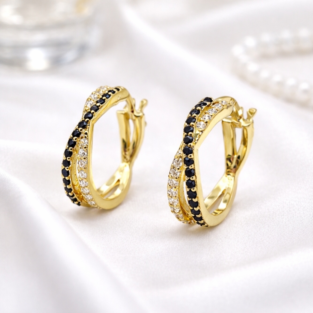 Srebrne złocone kolczyki kółka z cyrkoniami