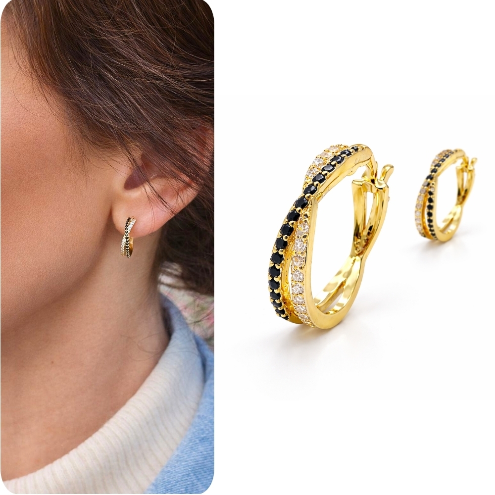 Srebrne złocone kolczyki kółka z cyrkoniami