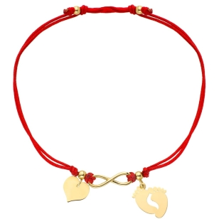 Bransoletka stópki, nieskończoność i serce na czerwonym sznurku
