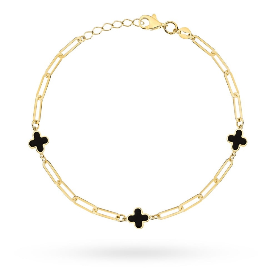 Bransoletka złota długie ogniwa i czarne koniczynki