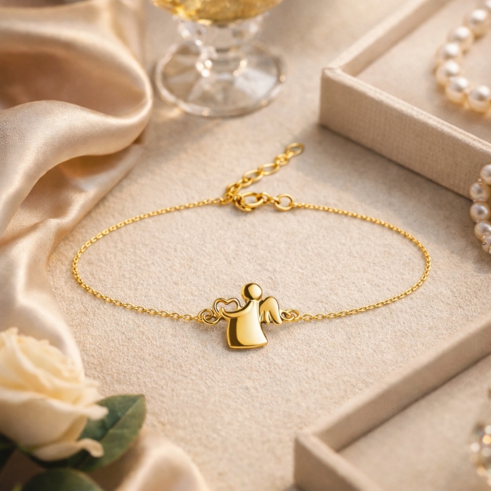 Pozłacana 14k bransoletka aniołek z sercem