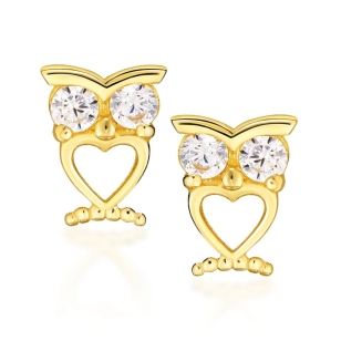 Kolczyki złote sówki z serduszkiem i z cyrkoniami