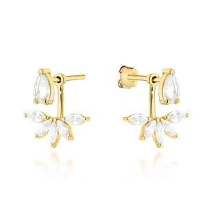 Kolczyki złote listki z cyrkoniami z biżuteryjnym zapięciem