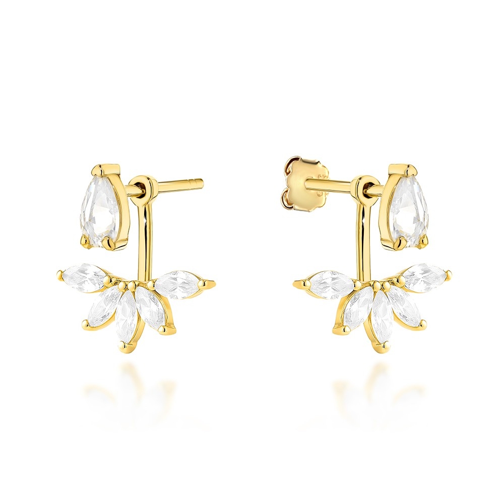 Kolczyki złote listki z cyrkoniami z biżuteryjnym zapięciem