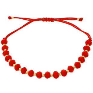 Bransoletka złote diamentowane kulki oraz czerwone kamienie na czerwonym sznurku