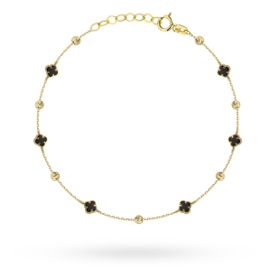 Bransoletka złota z czarnymi koniczynkami i diamentowanymi kulkami