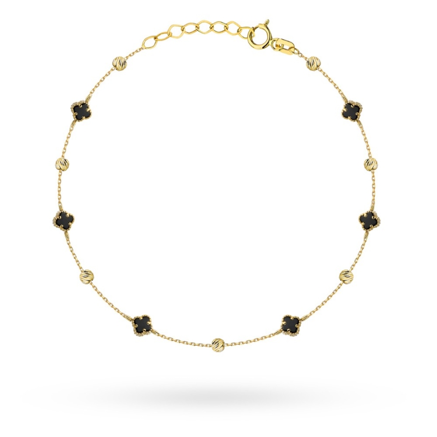 Bransoletka złota z czarnymi koniczynkami i diamentowanymi kulkami