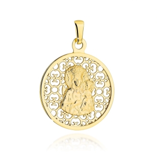Medalik złoty Matka Boska Częstochowska w zdobionym ażurowym kole