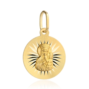 Medalik złoty Matka Boska Częstochowska z promieniami w kole