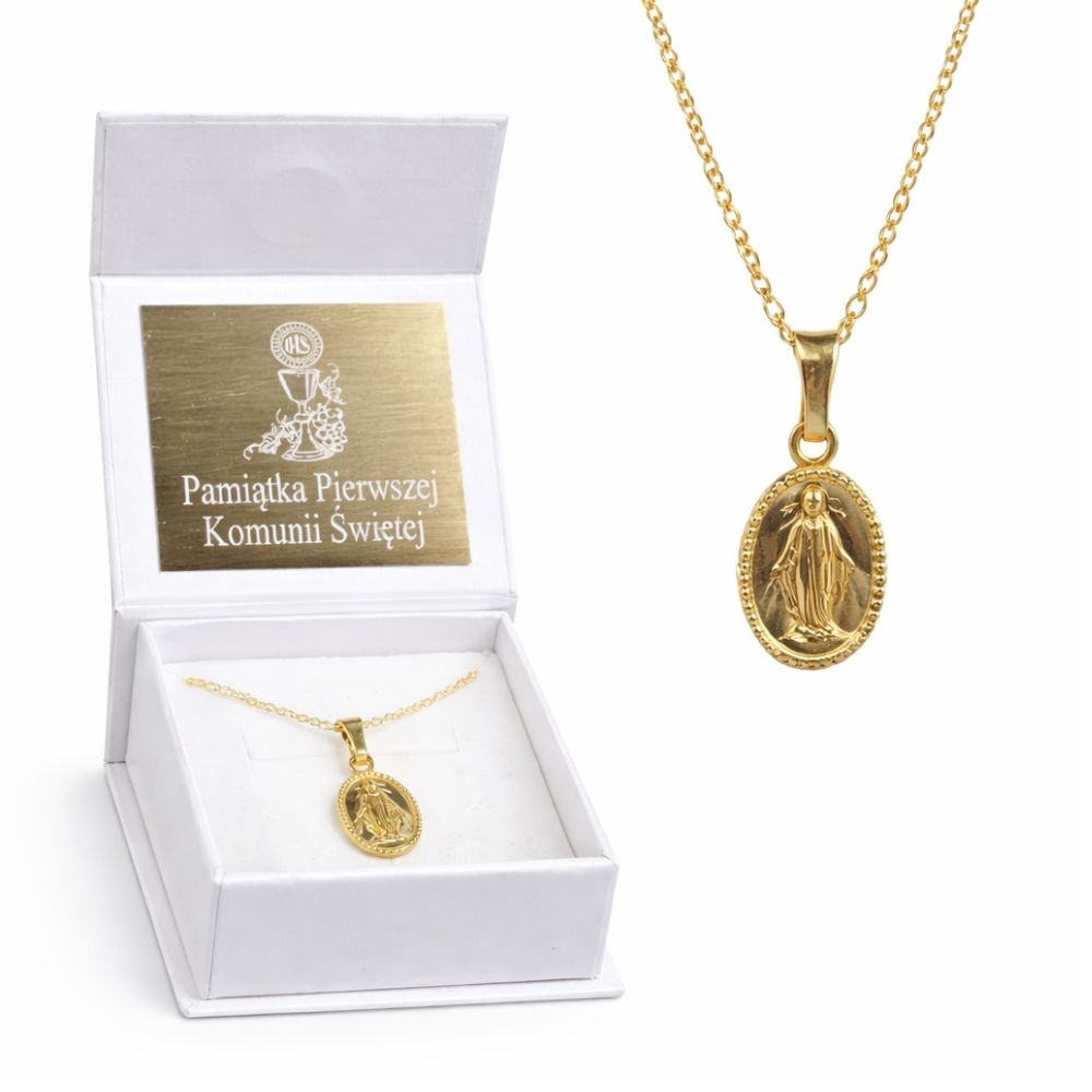 Naszyjnik na Komunię srebrny Pozłacany z Matką Boską 45 cm próba 925