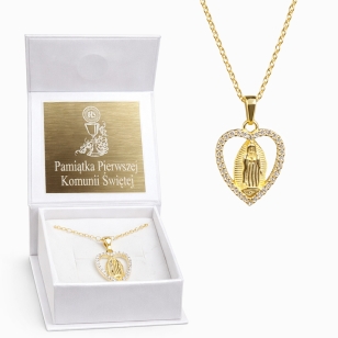 Łańcuszek na Komunię srebrny Pozłacany z Matką Boską 45 cm próba 925