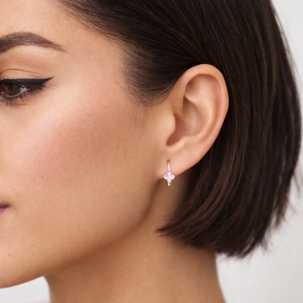 Kolczyki dla dziewczynki różowy kwiatek próba złota 585