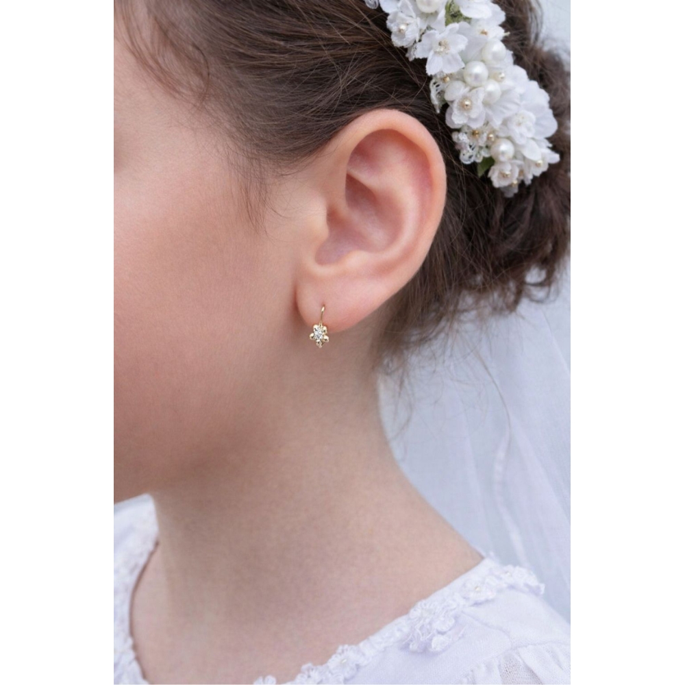 Kolczyki dla dziewczynki kwiatek z białą cyrkonią próba 585 na Komunię