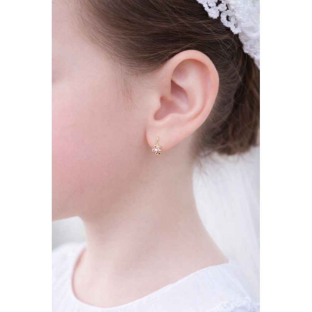 Złote kolczyki dla dziewczynki jasno różowa cyrkonia  angielskie zapięcie na prezent Komunijny próba 585