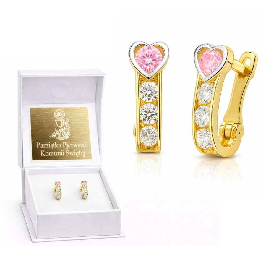 Złote kolczyki serduszko różowe na Komunię próba 333 | ERgold