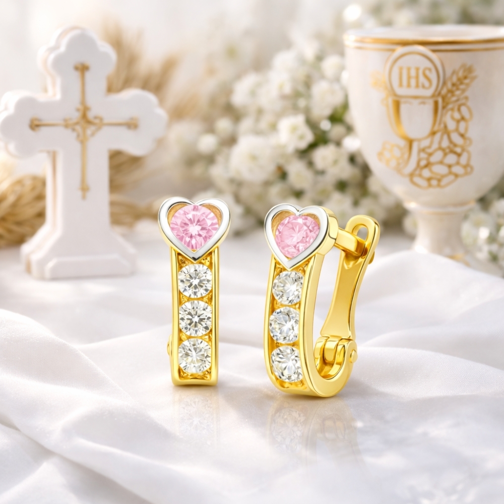 copy of Goldene Ohrringe rosa Herz mit Strasssteinen