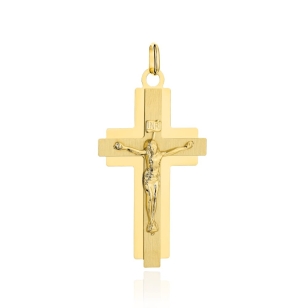 Krzyżyk złoty satynowy w błyszczącej oprawie z Jezusem średni