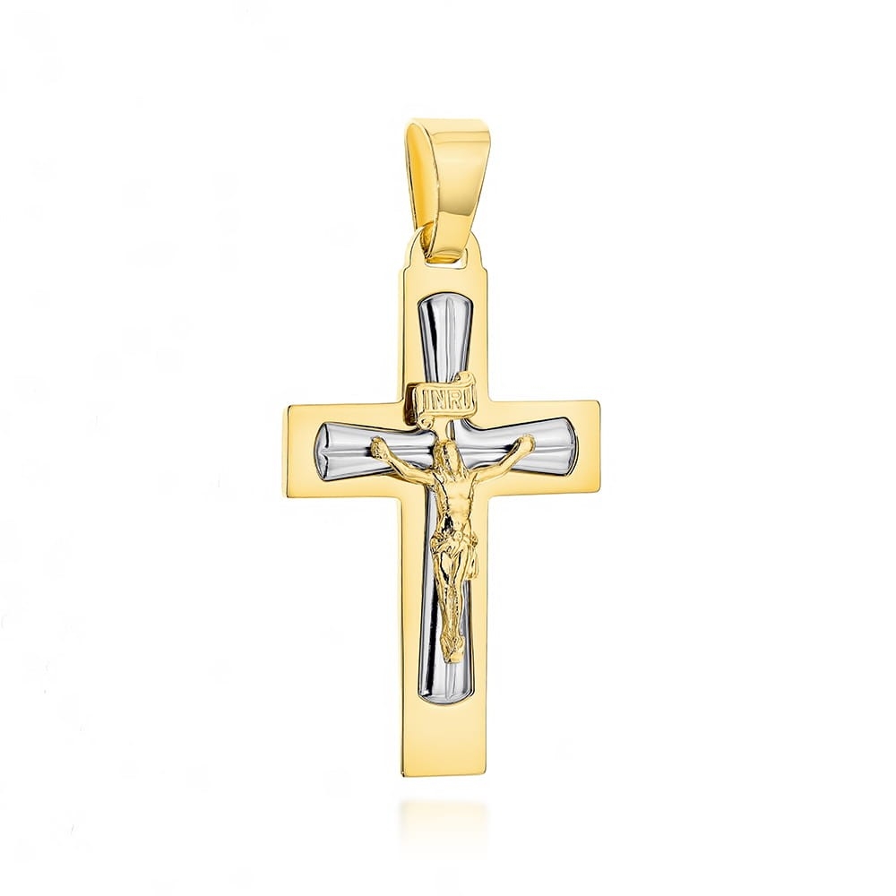 Krzyżyk złoty z ukrzyżowanym Jezusem w dwóch kolorach złota