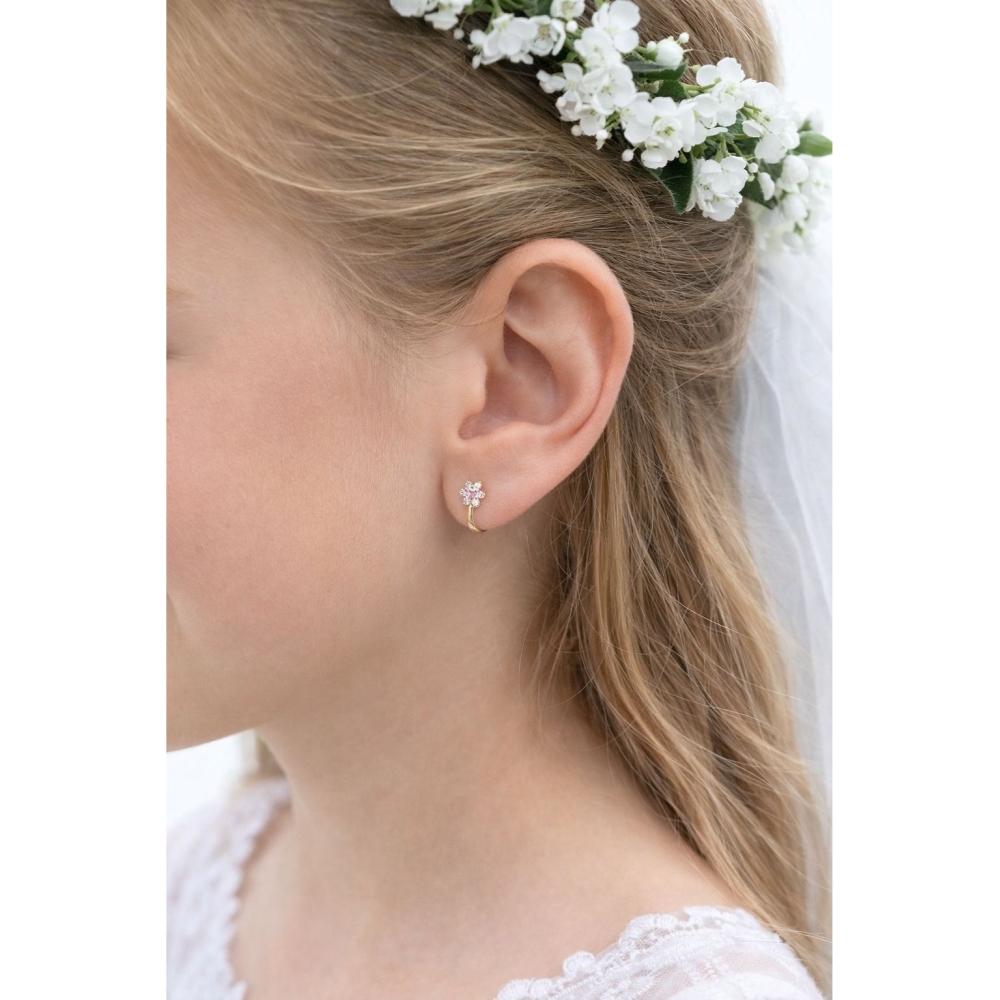 Złote kolczyki na Komunię różowe kwiatki złoto próby 585