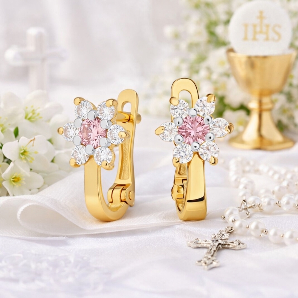 Złote kolczyki na Komunię różowe kwiatki złoto próby 585