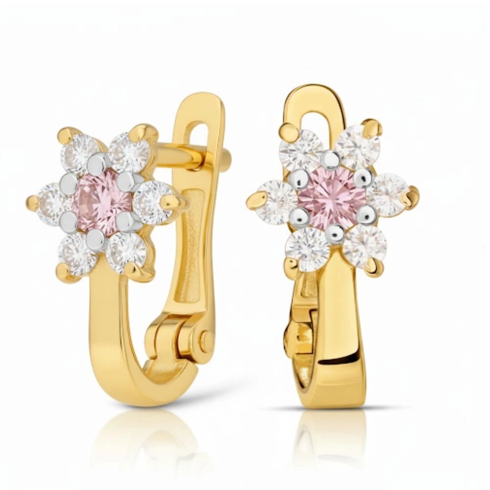 Złote kolczyki na Komunię różowe kwiatki złoto próby 333