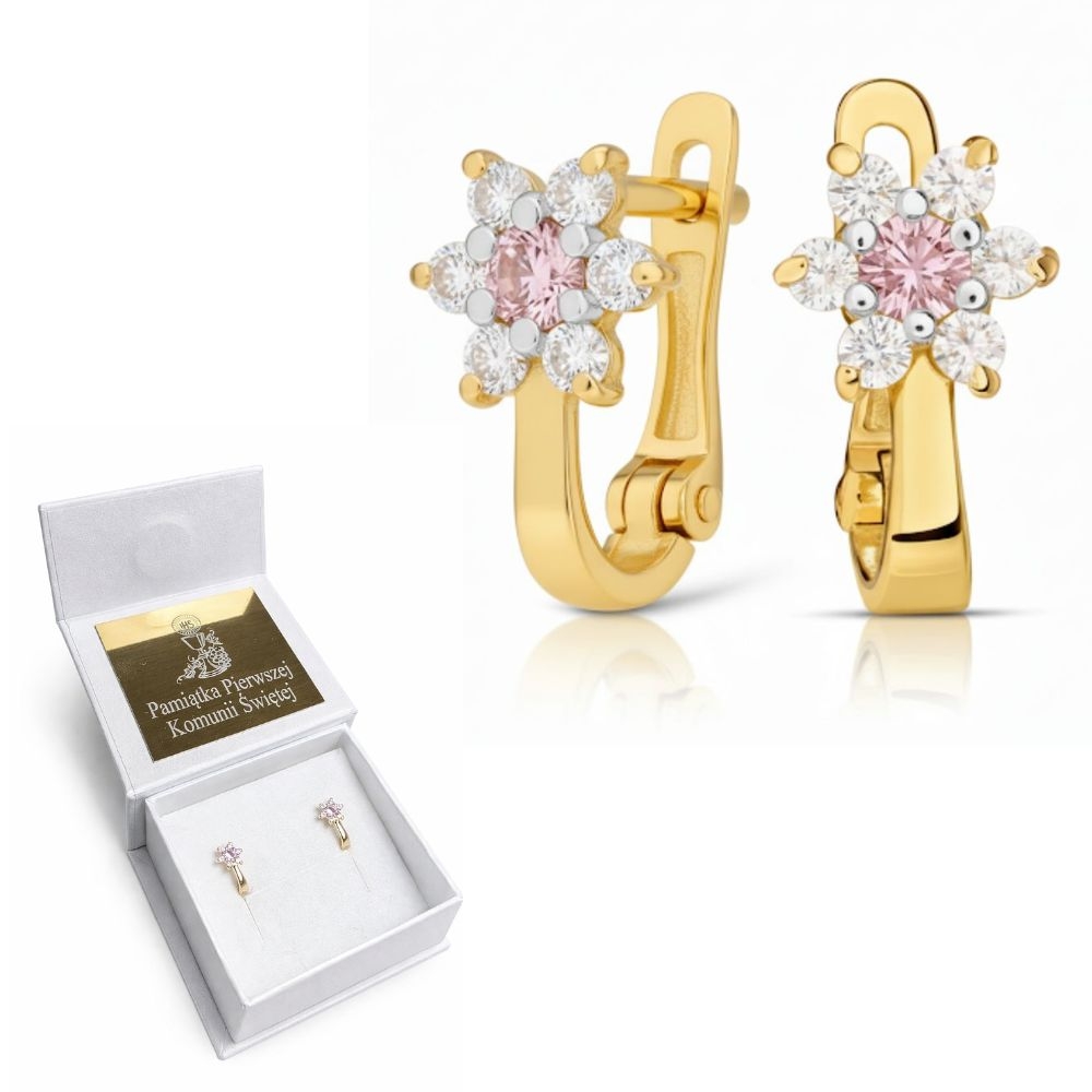 copy of Złote kolczyki na Komunię różowe kwiatki złoto próby 585