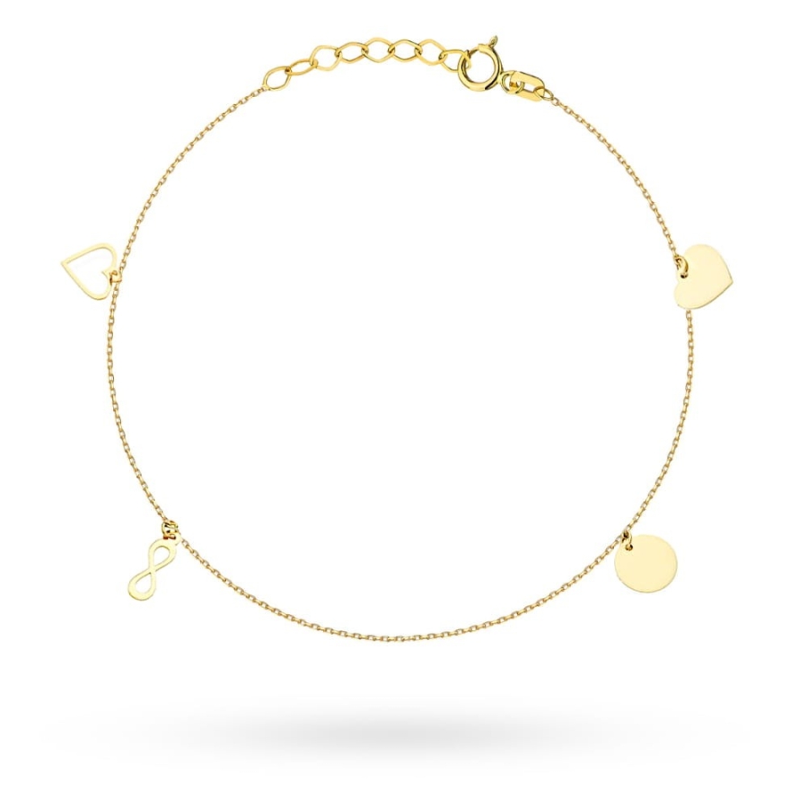 Bransoletka z elementami serce pełne, nieskończoność, kółko pełne, serce kontur