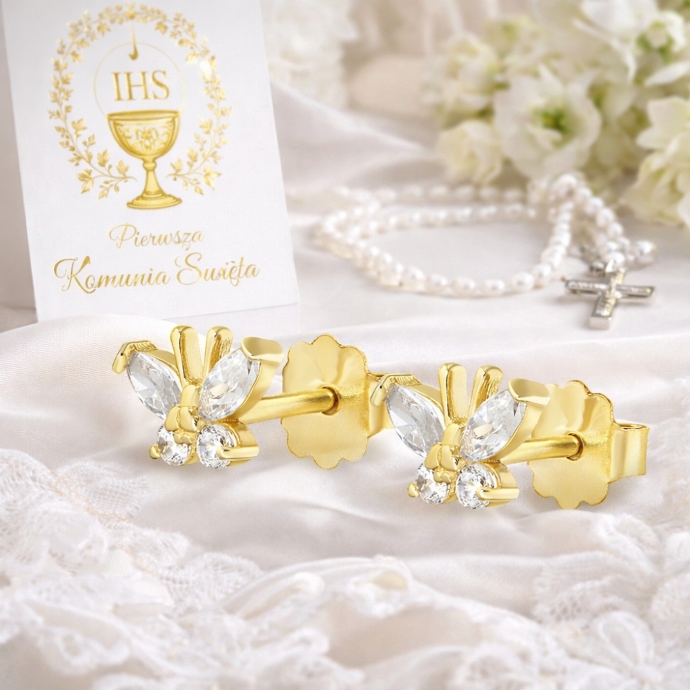 Złote kolczyki na Komunię motylki próba 585