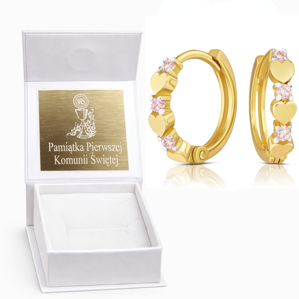 copy of Złote kolczyki kółka serduszka i różowe cyrkonie 585