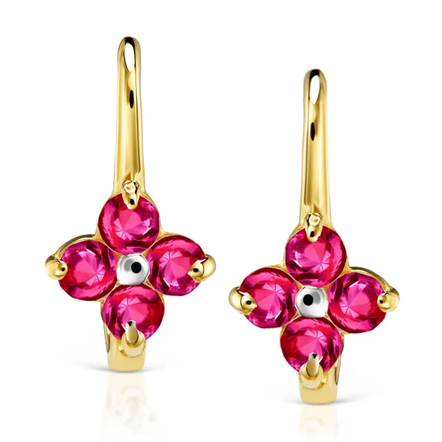 Złote kolczyki Komunijne dla dziewczynki kwiatki z rubinowymi cyrkoniami próba 333