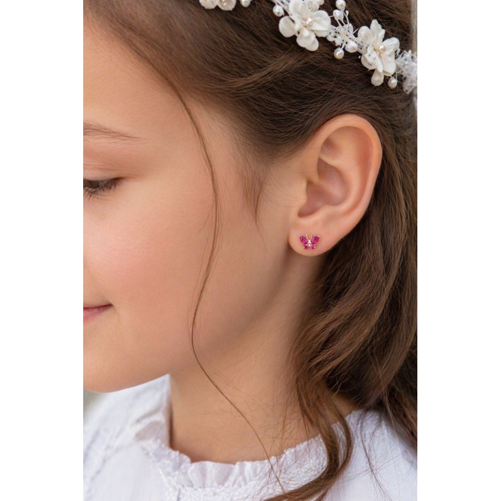 Złote kolczyki na Komunię rubinowe motylki złoto próba 333