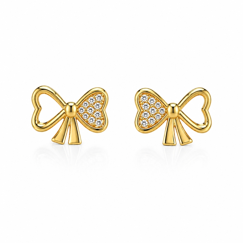 Pozłacane kolczyki KOKARDKI sztyfty biała cyrkonia SREBRNE 925