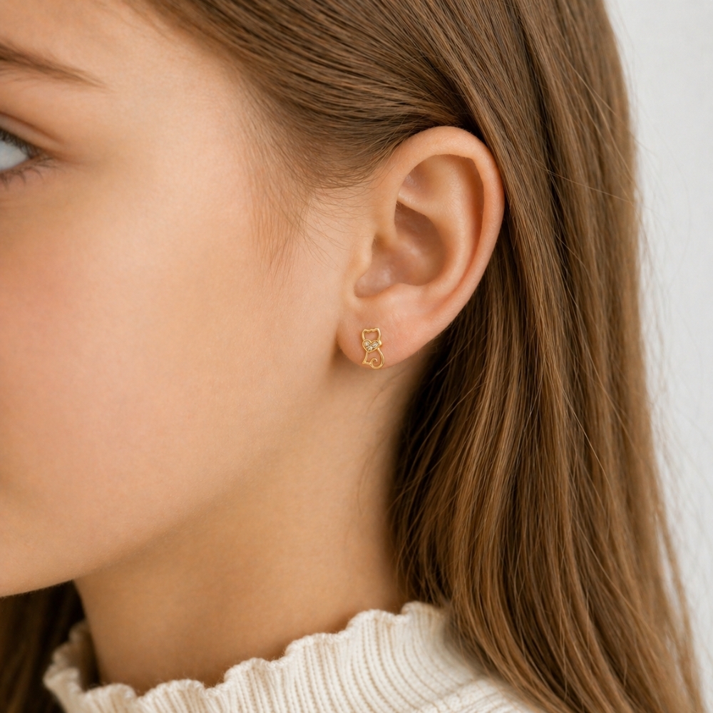 Pozłacane kolczyki KOTKI sztyfty serduszko SREBRNE 925