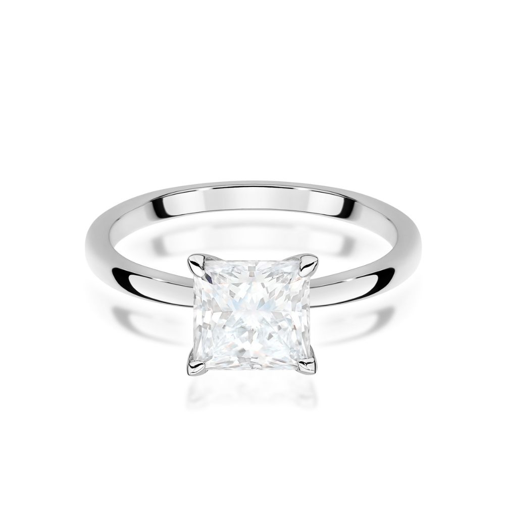 Złoty Pierścionek 375 z Diamentem 1,00 ct Princess SI1 H Białe Złoto