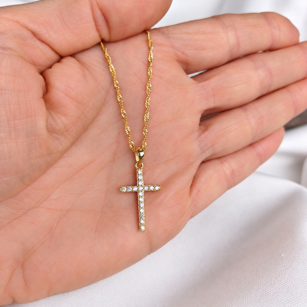 POZŁACANY KOMPLET Srebrny naszyjnik 925 pozłacany z krzyżykiem