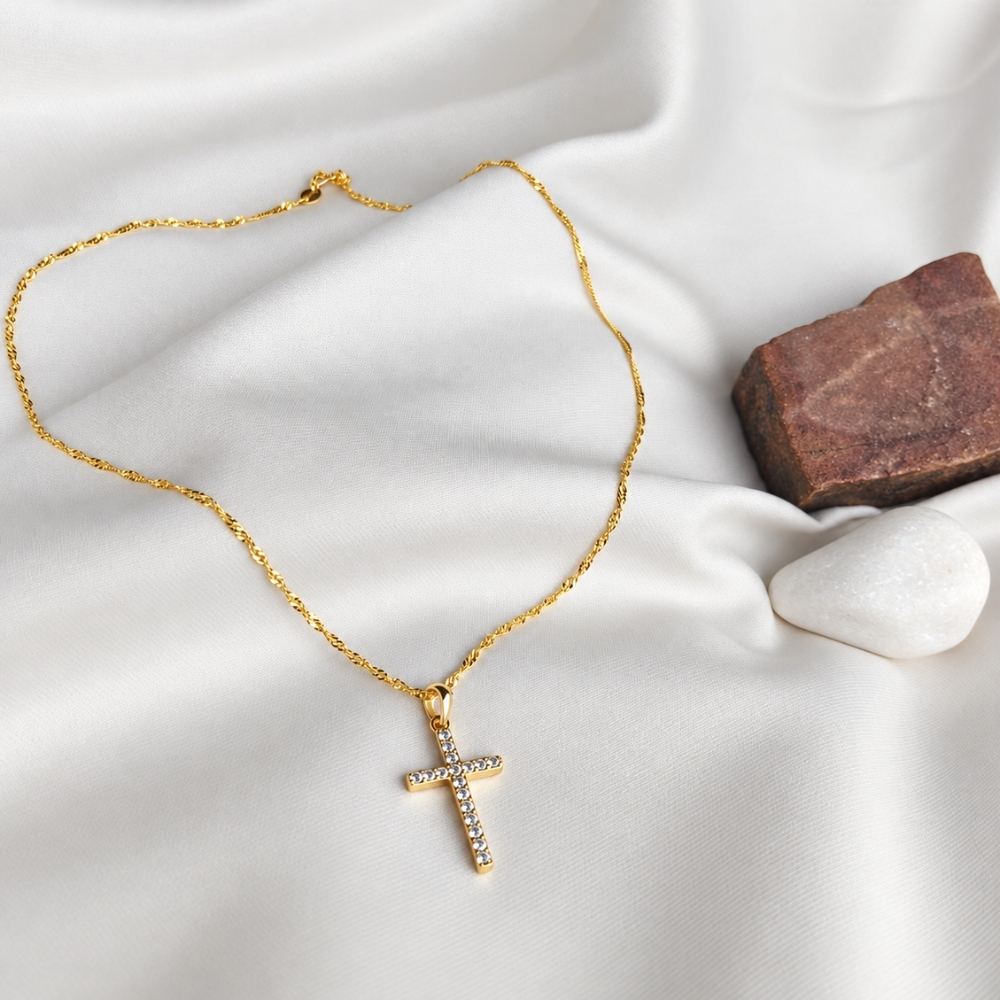 POZŁACANY KOMPLET Srebrny naszyjnik 925 pozłacany z krzyżykiem