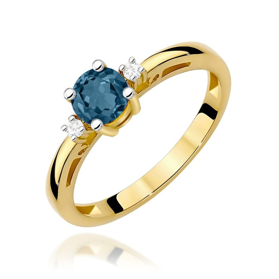 Złoty pierścionek 375 z niebieskim topazem London Blue 0,50 ct i dwoma diamentami 0,029 ct ERgold