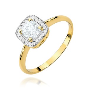 Złoty pierścionek 585 z białym szafirem cushion 0,70 ct i otoczką 20 diamentów 0,10 ct ERgold