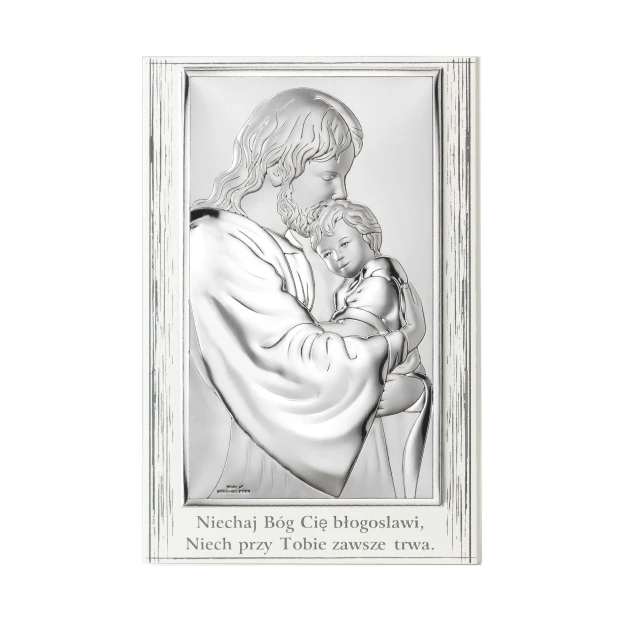 Bild von Jesus, der ein Kind auf weißem Holz umarmt