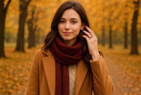 Kobieta w camelowym płaszczu i bordowym szalu prezentuje złoty pierścionek z cyrkonią w kolorze owocu granatu, stojąc w